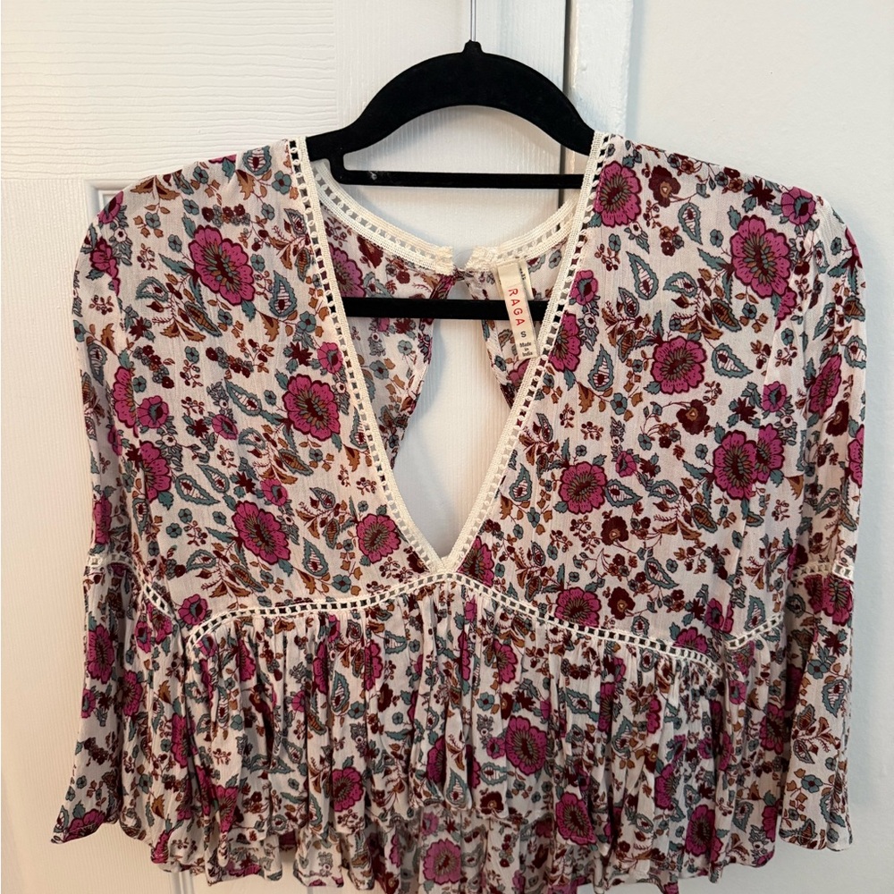RAGA Floral Pink and Cream V-Neck Ruffle Blouse